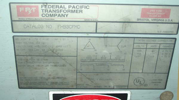98 KVA FEDERAL PACIFIC 3 PHASE 60 CYCLE TRANSFORMER FOR SALE