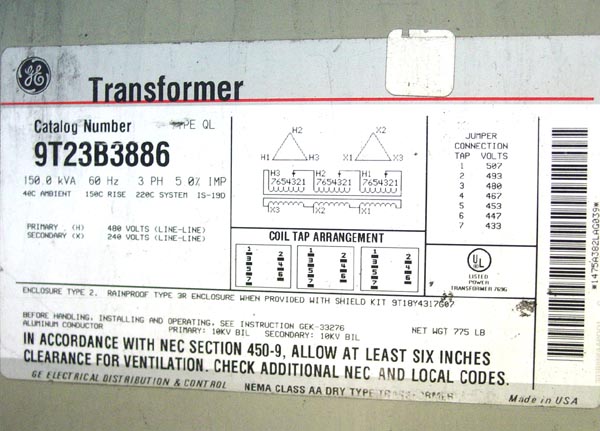 150 KVA GE Transformer FOR SALE