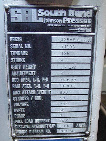 125 Ton South Bend Johnson OBI Press  for sale