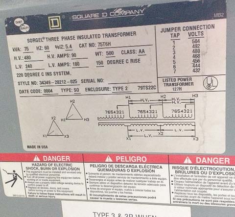 75 KVA Square D  Transformer Model 75T6H 75 KVA Multi Tap Transformer 480 Volt Input 240 V Output  for sale
