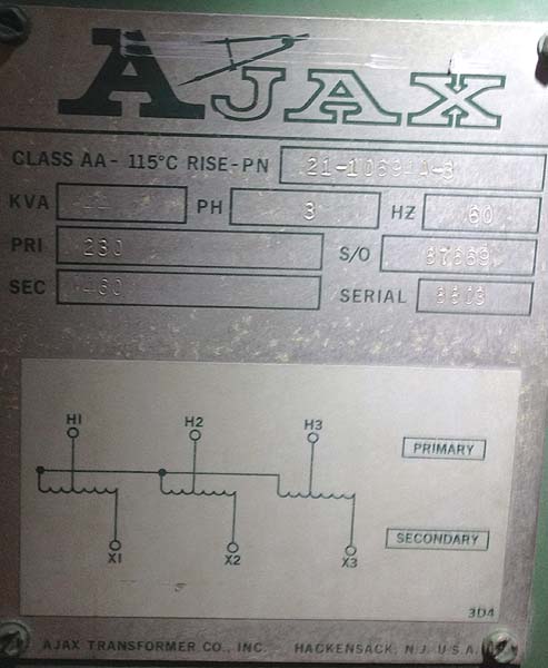 Ajax Electric Transformer 44  KVA  Transformer 230 Input - 460 Output  for sale