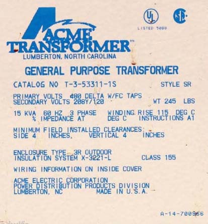 15 KVA Multi Tap Transformer 480 Volt Input 208 V Output  for sale