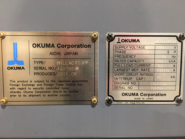 Okuma 853PF 5-Axis CNC Vertical Machining Center for sale