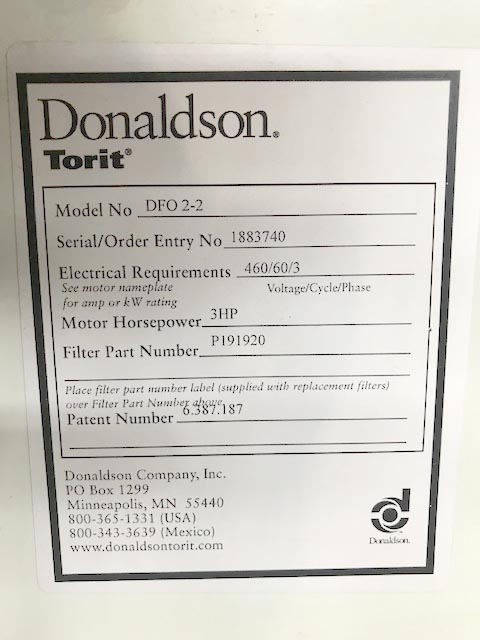 Used Donaldson DFO 2-2 Dust Collector For Sale, 1300 CFM Dust Collector For Sale