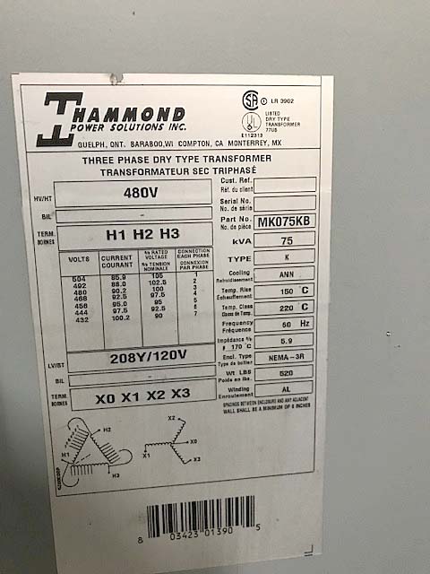 Used 75 KVA 460 Prim to 208 Sec 3-Phase Transformer For Sale, Used Transformer 3-Phase for sale