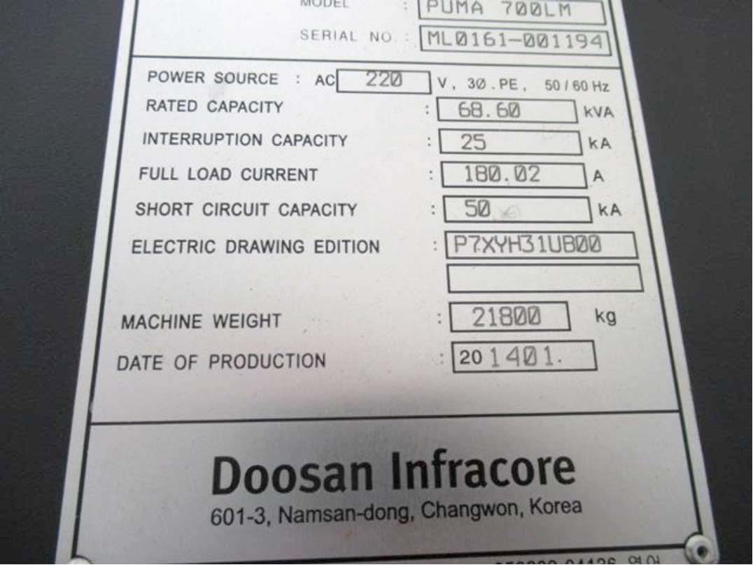 Doosan Puma 700 CNC Lathe with Live Tooling, Big Doosan CNC Lathe, Live Tool Doosan Lathe with 120" Centers