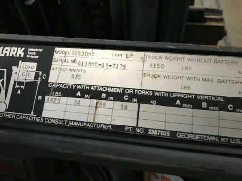 Clark GCS-30MC 5000 LB Fork Lift, Clark Fork Truck with Side Shift, 5000 LB Fork Lift