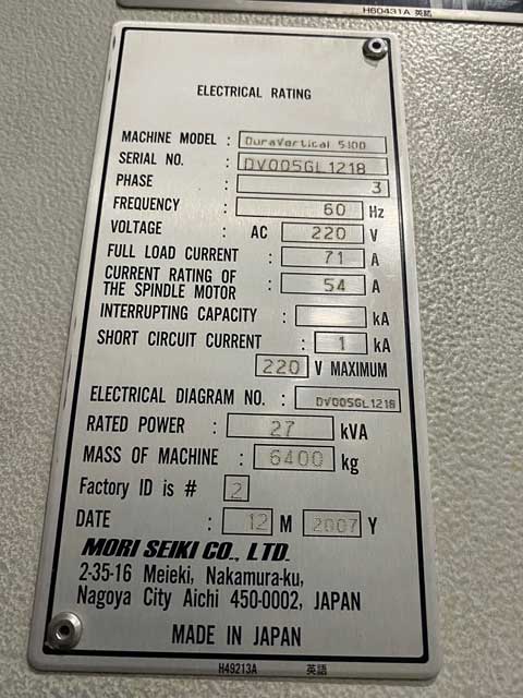 Mori Seiki DuraVertical 5100 4-Axis Vertical Machining Center, 40 x 20 CNC Mill, 4 Axis Machining Center, 4 Axis Mill For Sale